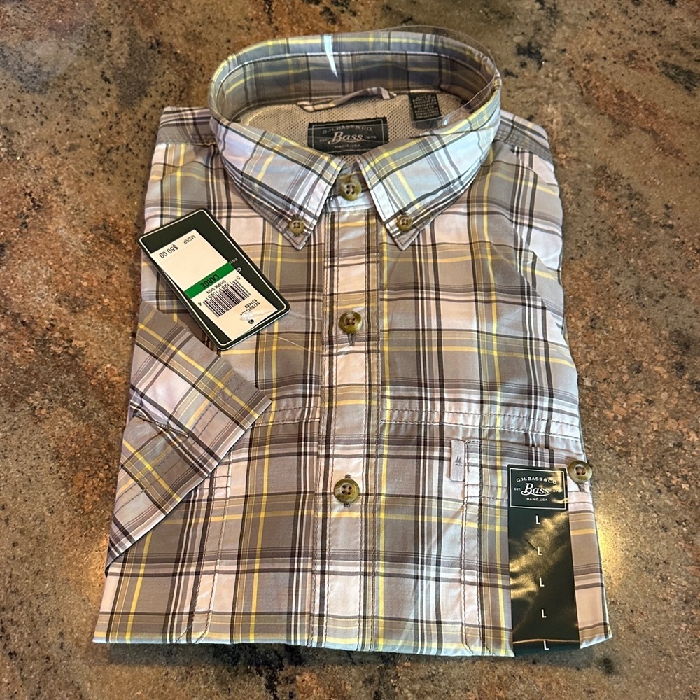 G.H. Bass & Co. Men's Short Sleeve Plaid Button-Down Shirt - Gray, Yellow, White